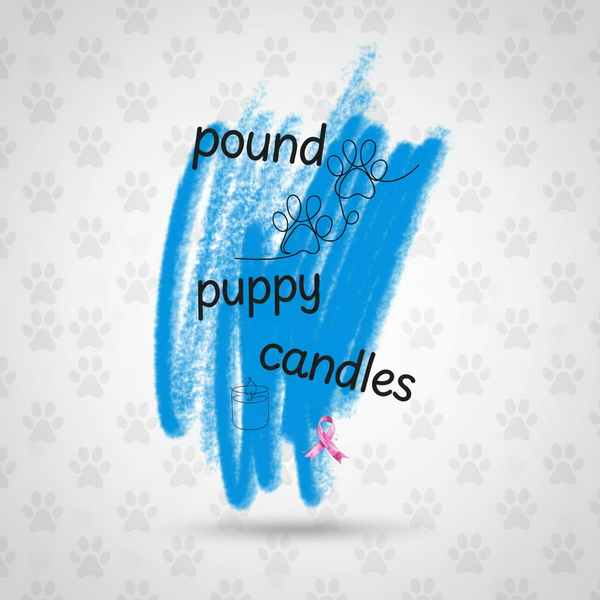 Blue abstract design with 'pound puppy candles' text and a pink ribbon on a white background